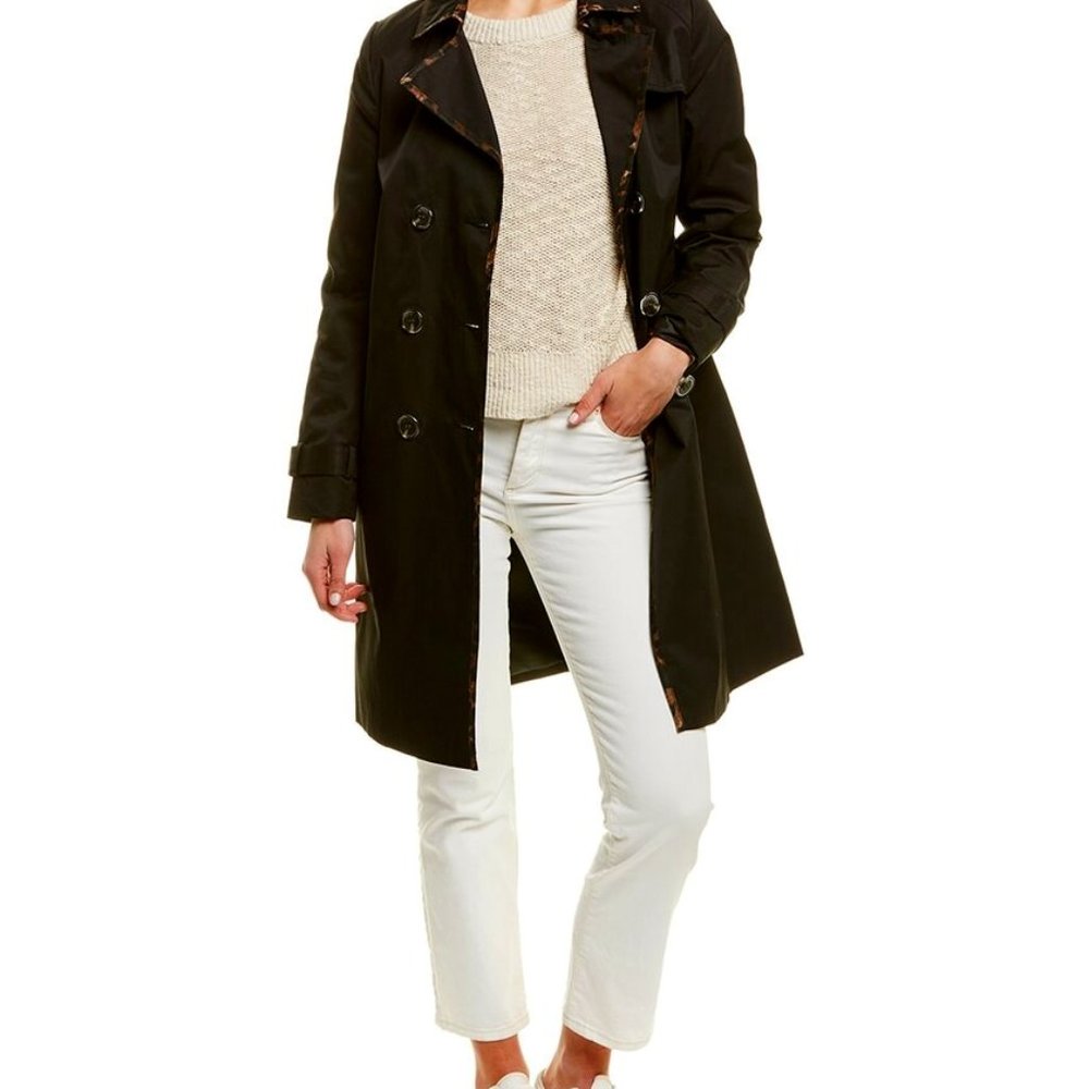 NWT Tahari Maggie Black Trench Coat with Leopard detail size Small.